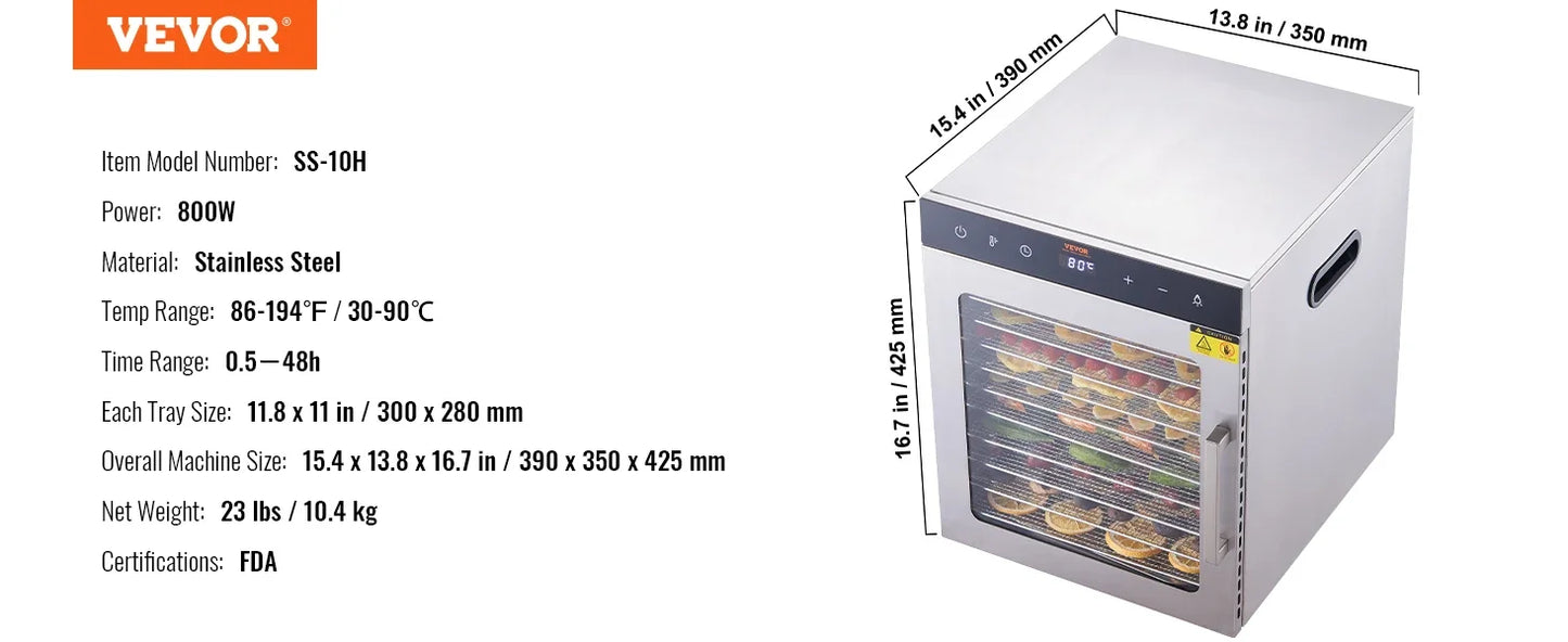 10 Trays Food Dehydrator Stainless Steel Machine