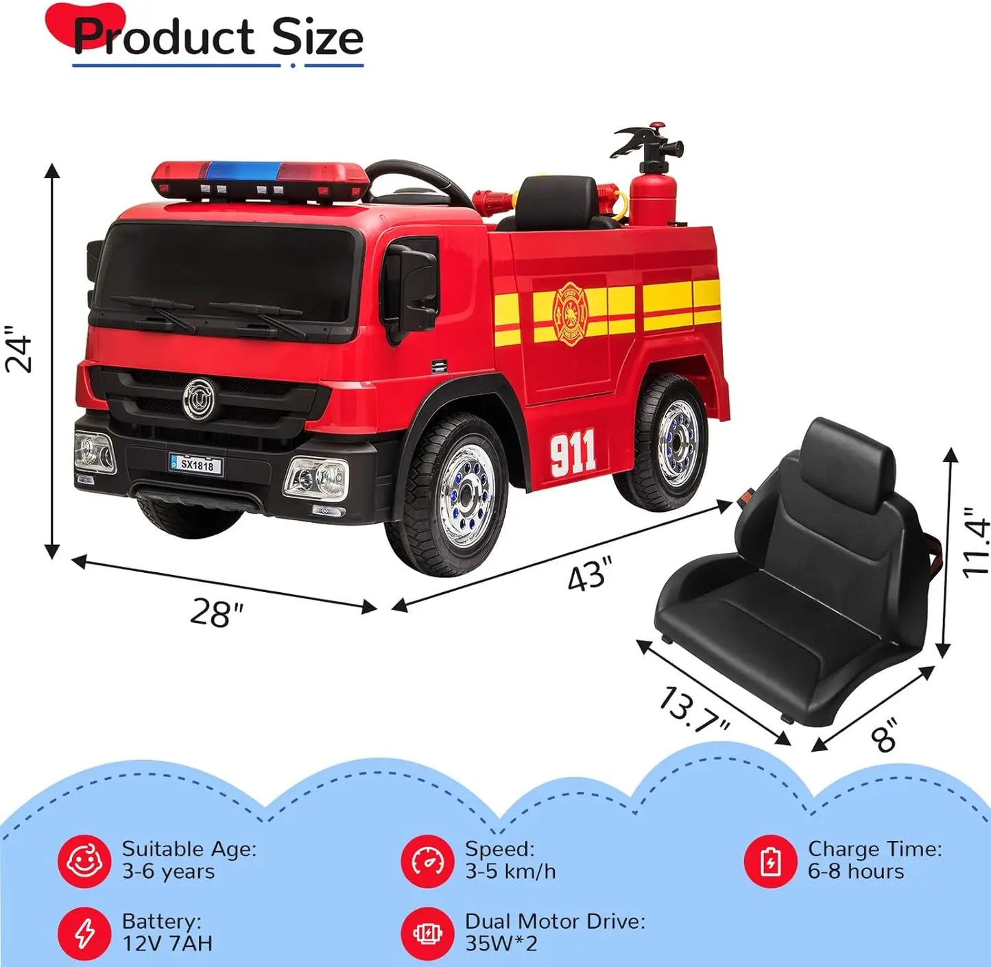 Kids Ride-on Electric Fire Truck   12V  Battery